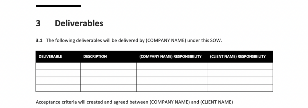 An example of the Deliverables section from the free TBW SOW Template