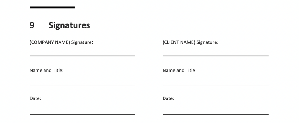 An example of a Signatures section from the free TBW SOW Template